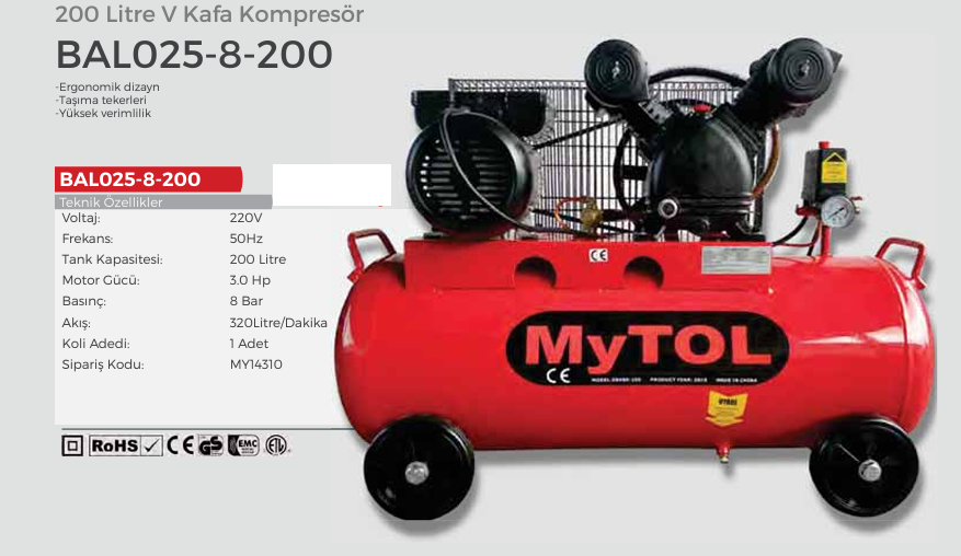 MYTOOL 200Lt Hava Kompresör 3HP 8 BAR