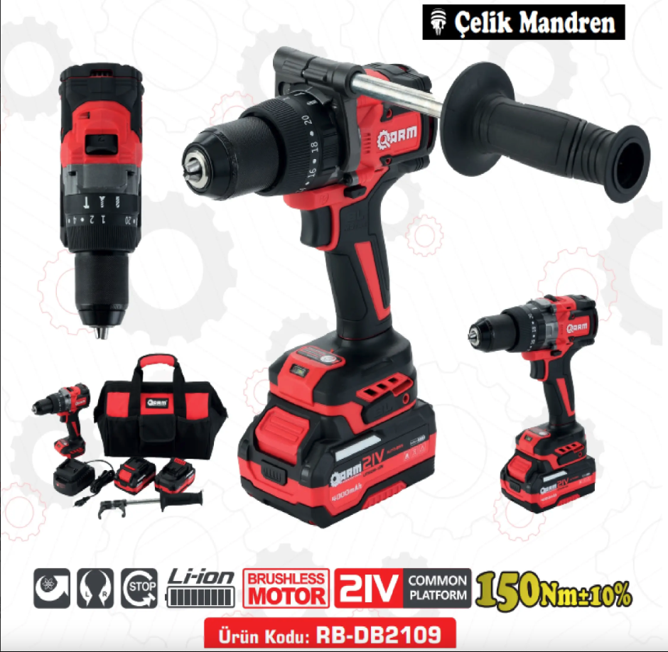 ARM Darbeli  Çelik  Mandrenli Şarjlı Matkap 4000mAH 21V 150 Nm