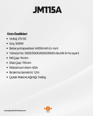 ARM JM115A: 21V 8500 Dev/dk Fırçasız Şarjlı Avuç Taşlama 4000mAh