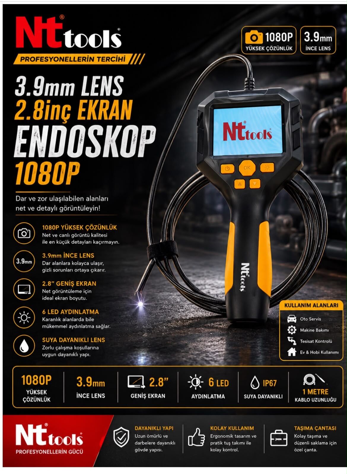 Nt Tools 3.9 mm Lens 2.8 inç Ekran Endoskop 1080p